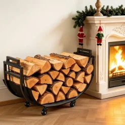 VEVOR Firewood Rack 31.69 Inch Heavy Duty Indoor Fire Wood Storage Holder, for Fireplace Patio Deck, 180 lbs Load Capacity, 4 Locking Swivel Casters, Log Stacker Stand Metal Wood Pile Organizer, Black