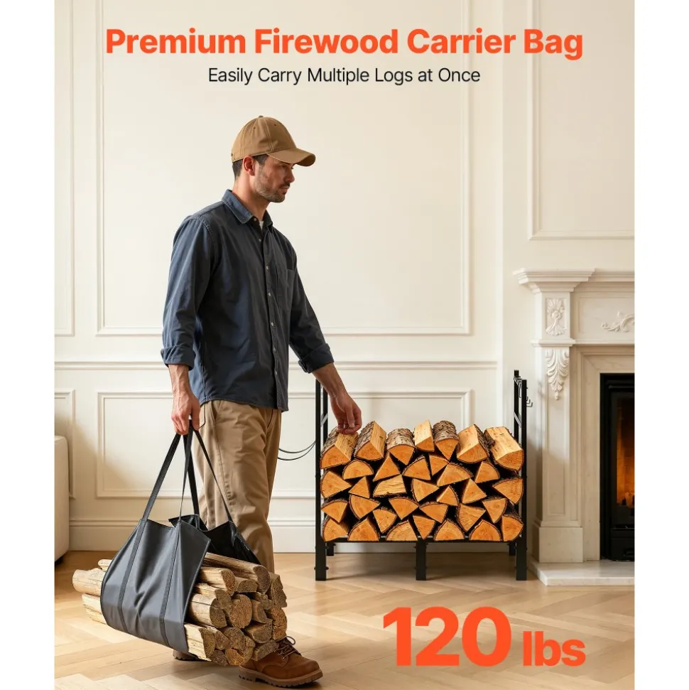VEVOR Firewood Rack 32.68 Inch Heavy Duty Indoor Fire Wood Storage Holder, for Fireplace Patio Deck, 550 lbs Load Capacity, Stacker Stand with Log Carrier Bag, Metal Wood Pile Organizer Tool, Black