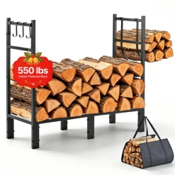 VEVOR Firewood Rack 32.68 Inch Heavy Duty Indoor Fire Wood Storage Holder, for Fireplace Patio Deck, 550 lbs Load Capacity, Stacker Stand with Log Carrier Bag, Metal Wood Pile Organizer Tool, Black