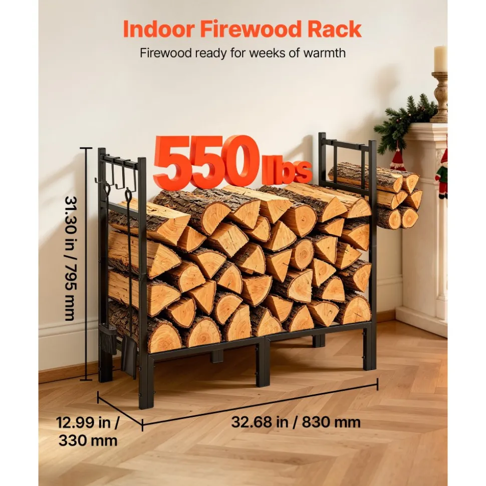 VEVOR Firewood Rack 32.68 Inch Heavy Duty Indoor Fire Wood Storage Holder, for Fireplace Patio Deck, 550 lbs Load Capacity, Stacker Stand with Log Carrier Bag, Metal Wood Pile Organizer Tool, Black
