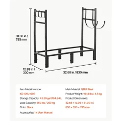 VEVOR Firewood Rack 32.68 Inch Heavy Duty Indoor Fire Wood Storage Holder, for Fireplace Patio Deck, 550 lbs Load Capacity, Stacker Stand with Log Carrier Bag, Metal Wood Pile Organizer Tool, Black