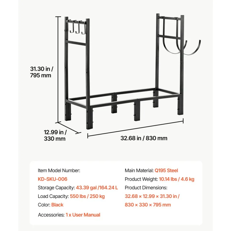 VEVOR Firewood Rack 32.68 Inch Heavy Duty Indoor Fire Wood Storage Holder, for Fireplace Patio Deck, 550 lbs Load Capacity, Stacker Stand with Log Carrier Bag, Metal Wood Pile Organizer Tool, Black