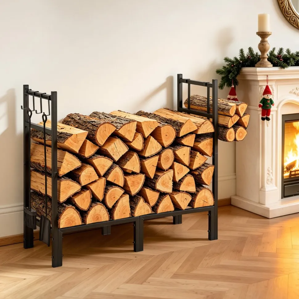 VEVOR Firewood Rack 32.68 Inch Heavy Duty Indoor Fire Wood Storage Holder, for Fireplace Patio Deck, 550 lbs Load Capacity, Stacker Stand with Log Carrier Bag, Metal Wood Pile Organizer Tool, Black