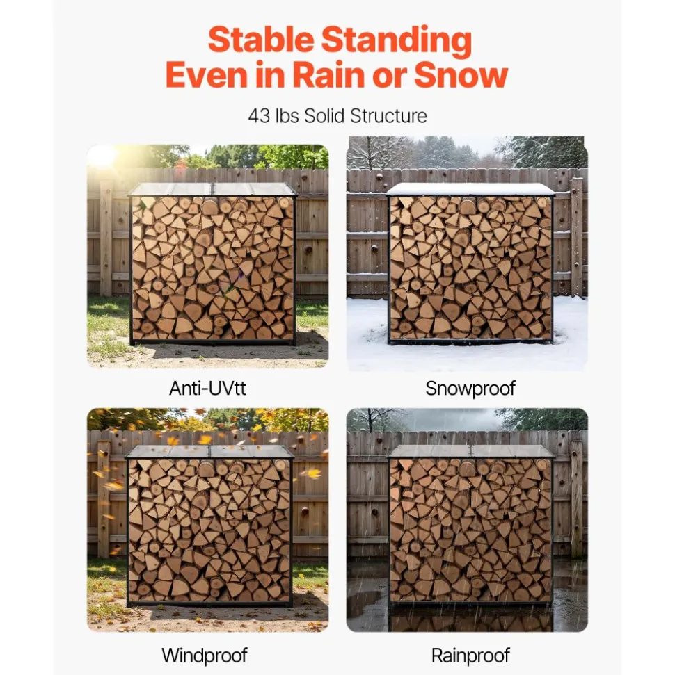VEVOR Firewood Rack with Sloped Roof, 4 ft Outdoor Firewood Holder, 1/4 Cord Log Storage Shed, 660lb Max Weight Capacity, Powder-Coated Metal Wood Storage Rack for Fireplace Deck Backyard Garden