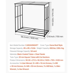 VEVOR Firewood Rack with Sloped Roof, 4 ft Outdoor Firewood Holder, 1/4 Cord Log Storage Shed, 660lb Max Weight Capacity, Powder-Coated Metal Wood Storage Rack for Fireplace Deck Backyard Garden