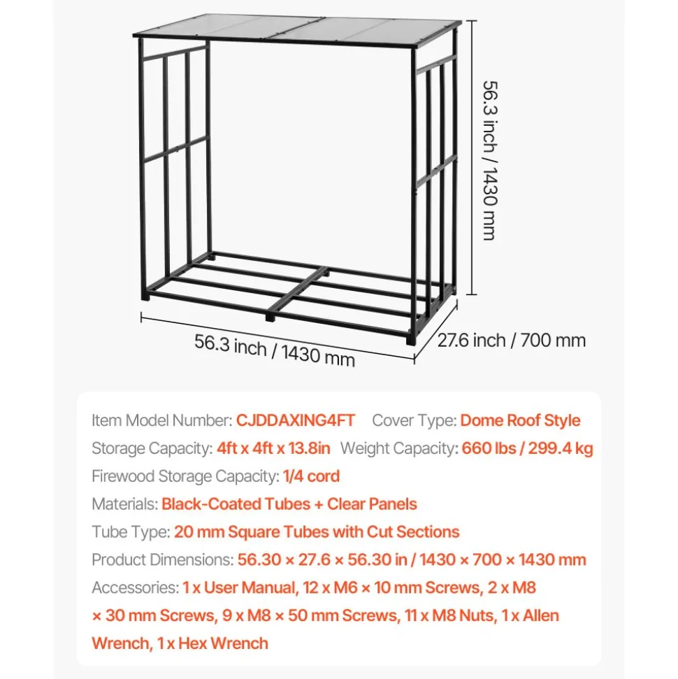 VEVOR Firewood Rack with Sloped Roof, 4 ft Outdoor Firewood Holder, 1/4 Cord Log Storage Shed, 660lb Max Weight Capacity, Powder-Coated Metal Wood Storage Rack for Fireplace Deck Backyard Garden