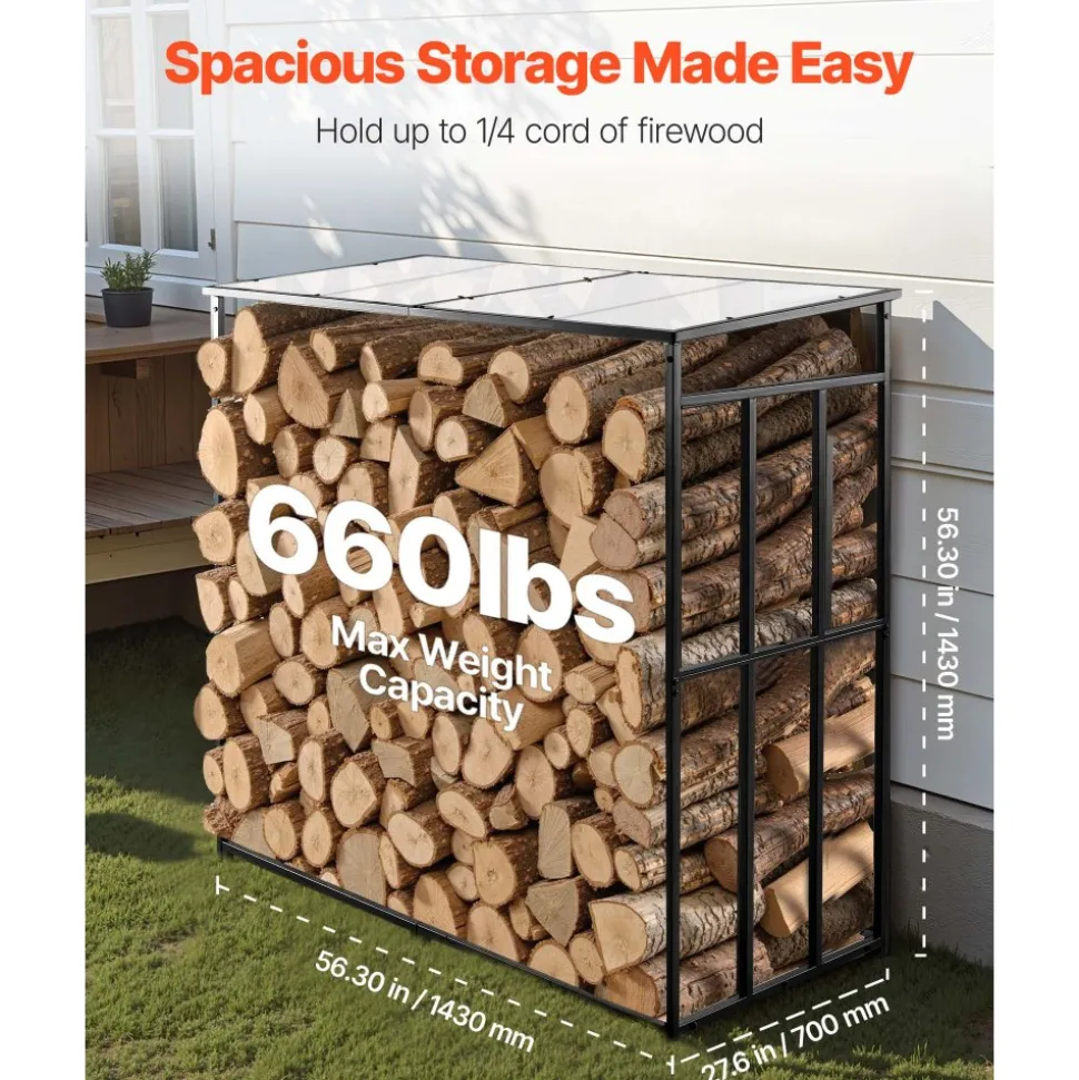 VEVOR Firewood Rack with Sloped Roof, 4 ft Outdoor Firewood Holder, 1/4 Cord Log Storage Shed, 660lb Max Weight Capacity, Powder-Coated Metal Wood Storage Rack for Fireplace Deck Backyard Garden