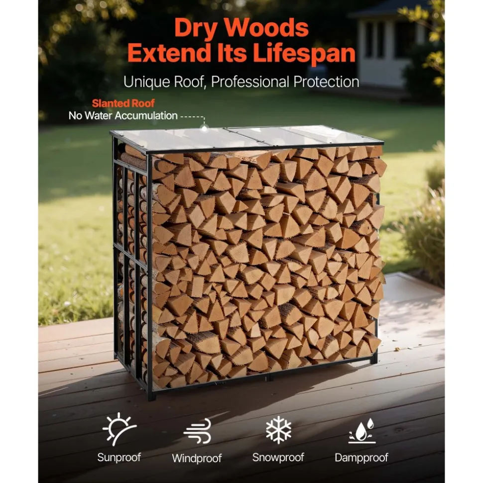 VEVOR Firewood Rack with Sloped Roof, 4 ft Outdoor Firewood Holder, 1/4 Cord Log Storage Shed, 660lb Max Weight Capacity, Powder-Coated Metal Wood Storage Rack for Fireplace Deck Backyard Garden
