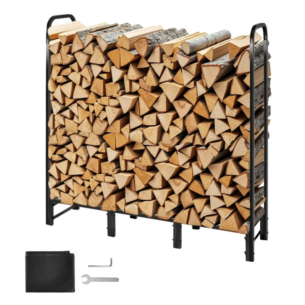 VEVOR Firewood Rack with Waterproof Cover, 4 ft Outdoor Firewood Holder, 1/4 Cord Storage Metal Log Holder, 400lb Max Weight Capacity, Full Covered, Powder-Coated Wood Storage Rack for Fireplace Deck