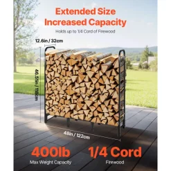 VEVOR Firewood Rack with Waterproof Cover, 4 ft Outdoor Firewood Holder, 1/4 Cord Storage Metal Log Holder, 400lb Max Weight Capacity, Full Covered, Powder-Coated Wood Storage Rack for Fireplace Deck
