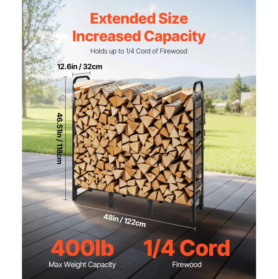 VEVOR Firewood Rack with Waterproof Cover, 4 ft Outdoor Firewood Holder, 1/4 Cord Storage Metal Log Holder, 400lb Max Weight Capacity, Full Covered, Powder-Coated Wood Storage Rack for Fireplace Deck