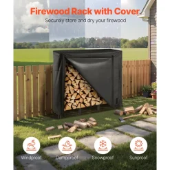 VEVOR Firewood Rack with Waterproof Cover, 4 ft Outdoor Firewood Holder, 1/4 Cord Storage Metal Log Holder, 400lb Max Weight Capacity, Full Covered, Powder-Coated Wood Storage Rack for Fireplace Deck