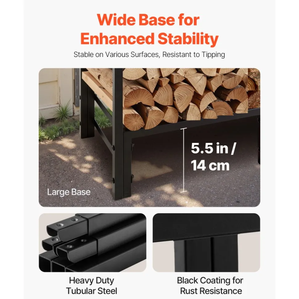 VEVOR Firewood Rack with Waterproof Cover, 4 ft Outdoor Firewood Holder, 1/4 Cord Storage Metal Log Holder, 400lb Max Weight Capacity, Full Covered, Powder-Coated Wood Storage Rack for Fireplace Deck