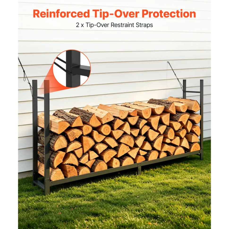 VEVOR Firewood Rack with Waterproof Cover 8ft 1/2 Cord Outdoor Wood Storage, for Fireplace Patio Deck, 2400 lbs Load Capacity Heavy Duty Fire Log Holder Stacker Stand, Metal Wood Pile Organizer, Black