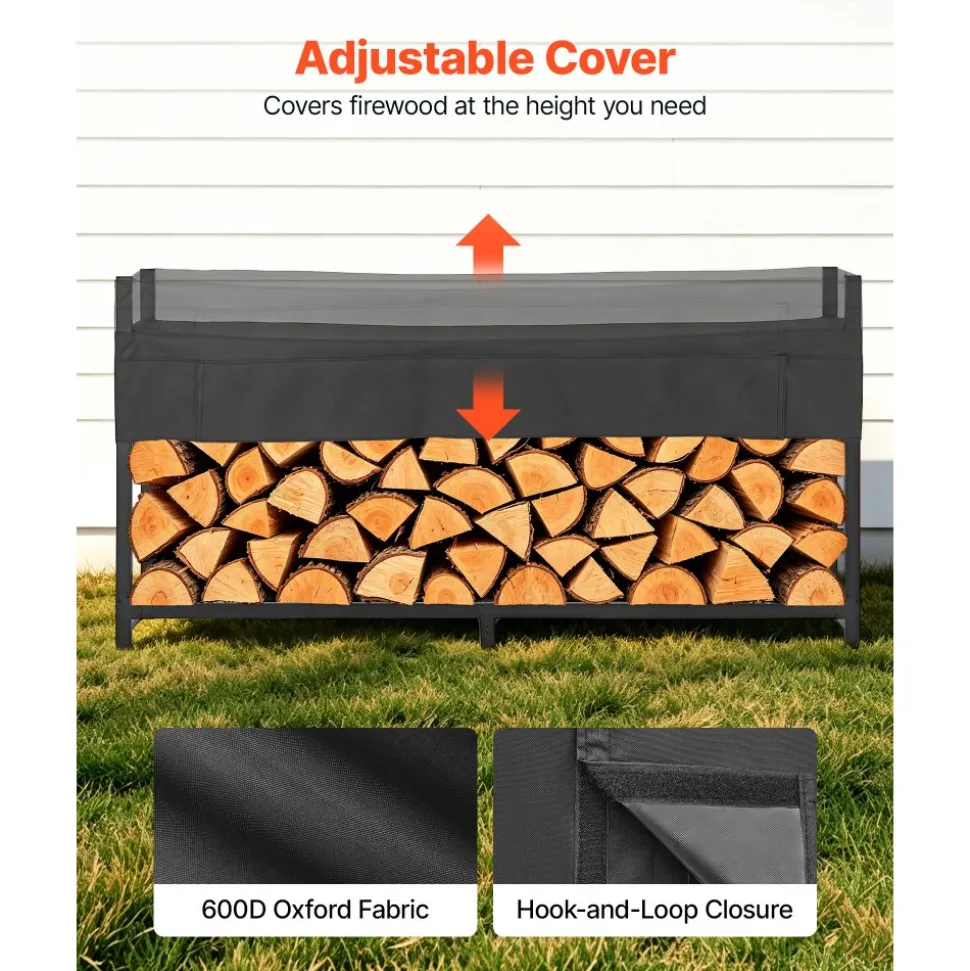 VEVOR Firewood Rack with Waterproof Cover 8ft 1/2 Cord Outdoor Wood Storage, for Fireplace Patio Deck, 2400 lbs Load Capacity Heavy Duty Fire Log Holder Stacker Stand, Metal Wood Pile Organizer, Black