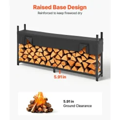 VEVOR Firewood Rack with Waterproof Cover 8ft 1/2 Cord Outdoor Wood Storage, for Fireplace Patio Deck, 2400 lbs Load Capacity Heavy Duty Fire Log Holder Stacker Stand, Metal Wood Pile Organizer, Black