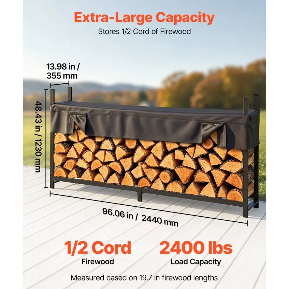VEVOR Firewood Rack with Waterproof Cover 8ft 1/2 Cord Outdoor Wood Storage, for Fireplace Patio Deck, 2400 lbs Load Capacity Heavy Duty Fire Log Holder Stacker Stand, Metal Wood Pile Organizer, Black