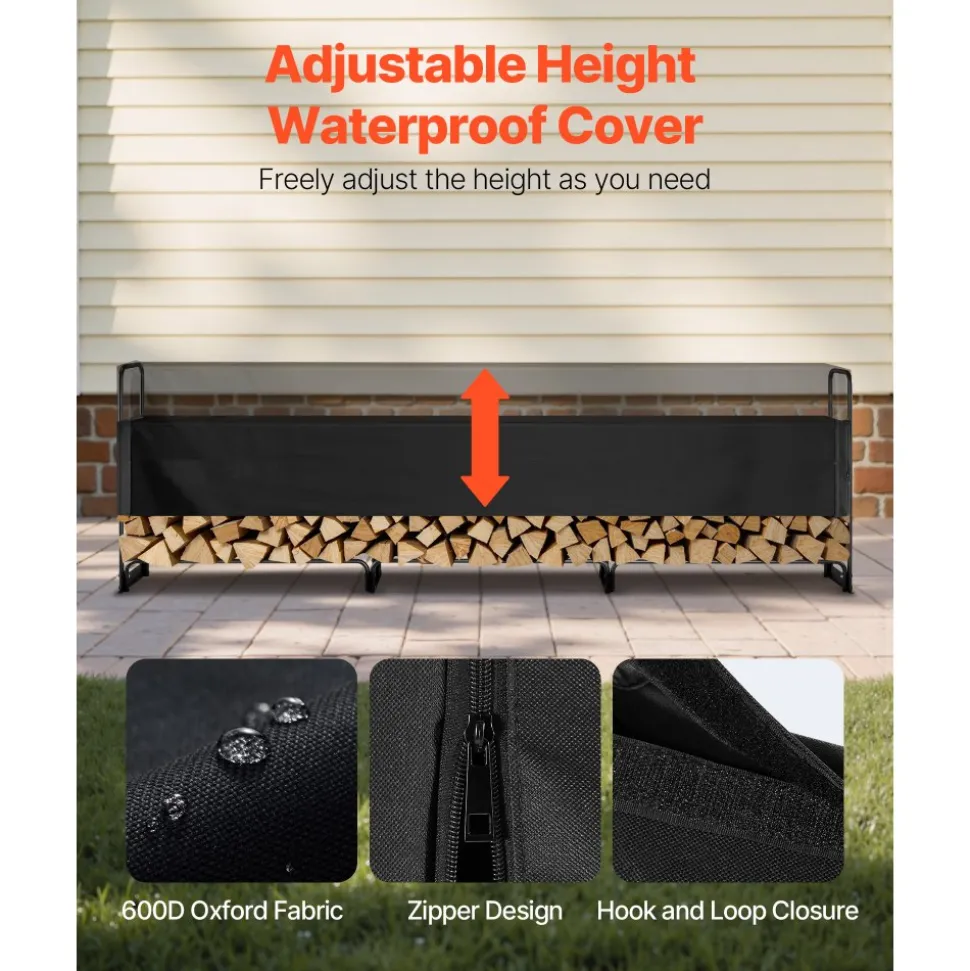 VEVOR Firewood Rack with Waterproof Cover, 150 x 14 x 46 in Outdoor Firewood Holder, 660lb Weight Capacity, 1/2 Cord Log Holder, Half-Covered, Powder-coated Wood Storage Rack for Fireplace Deck