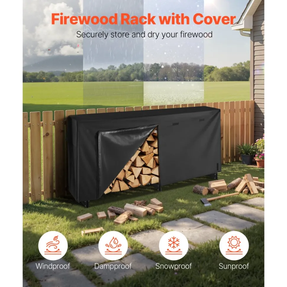VEVOR Firewood Rack with Waterproof Cover, 8 ft Outdoor Firewood Holder, 1/2 Cord Storage Metal Log Holder, 660lb Max Weight Capacity, Top Covered, Powder-Coated Wood Storage Rack for Fireplace Deck