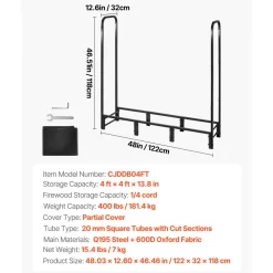 VEVOR Firewood Rack with Waterproof Cover, 4 ft Outdoor Firewood Holder, 1/4 Cord Storage Metal Log Holder, 400lb Max Weight Capacity, Top Covered, Powder-Coated Wood Storage Rack for Fireplace Deck