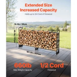 VEVOR Firewood Rack with Waterproof Cover, 101 x 14 x 46 in Outdoor Firewood Holder, 660lb Weight Capacity, 1/2 Cord Log Holder, Half-Covered, Powder-coated Wood Storage Rack for Fireplace Deck