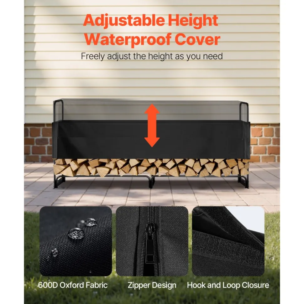 VEVOR Firewood Rack with Waterproof Cover, 101 x 14 x 46 in Outdoor Firewood Holder, 660lb Weight Capacity, 1/2 Cord Log Holder, Half-Covered, Powder-coated Wood Storage Rack for Fireplace Deck
