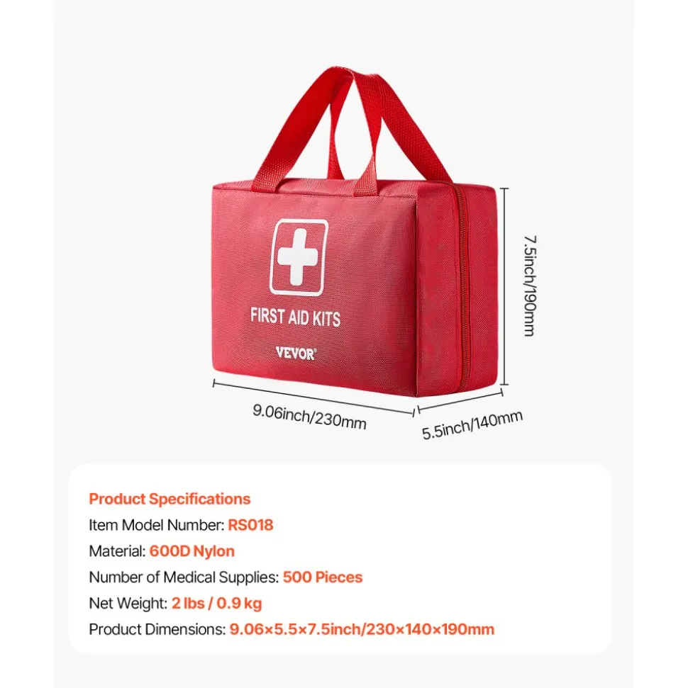 VEVOR First Aid Kit, 500 Pieces, 600D Nylon Large Survival First Aid Bag, Emergency Medical Supplies, for Home, Car, Office, Travel, Camping, Truck, Hiking, Sports, Vehicle and Outdoor Emergencies