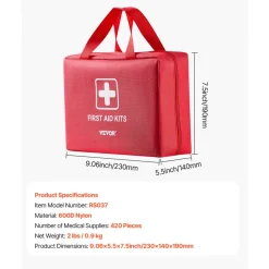 VEVOR First Aid Kit, 420 Pieces, 600D Nylon Large Survival First Aid Bag, Emergency Medical Supplies, for Home, Car, Office, Travel, Camping, Truck, Hiking, Sports, Vehicle and Outdoor Emergencies