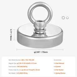 VEVOR Fishing Magnet, 700 LBS/318 Kg Pulling Force Super Strong Neodymium Fishing Magnet, Rare Earth Magnet with Handle Diameter 2.36 in/60 mm for Retrieving in River, Magnetic Fishing, Heavy Hanging