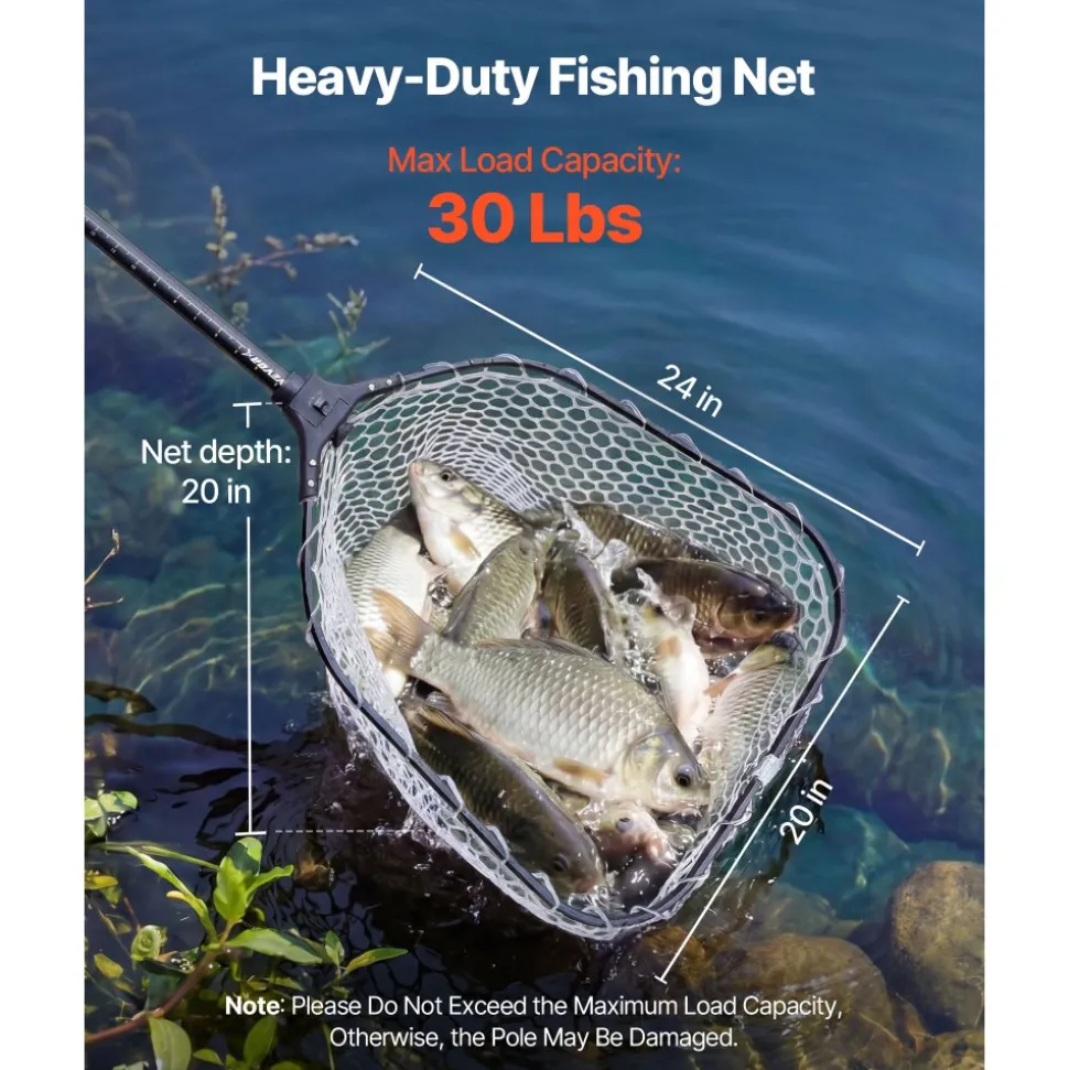 VEVOR Fishing Net, Foldable Landing Nets with Telescopic Handle and Built in Length Scale, Lightweight and Stronger 6063 Aluminum Fish Gear, Soft Silicone Mesh, Holds up to 30 lbs, for Kayak Boat Bank
