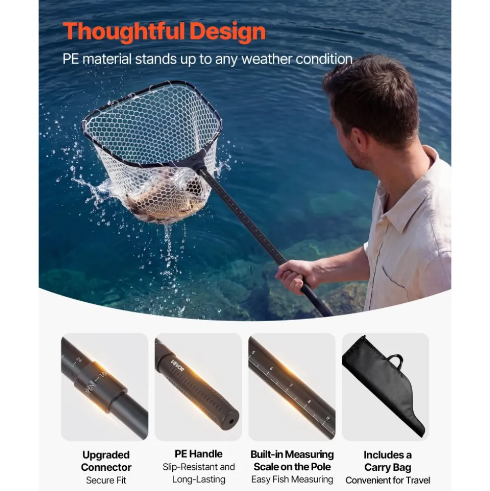 VEVOR Fishing Net, Foldable Landing Nets with Telescopic Handle and Built in Length Scale, Lightweight and Stronger 6063 Aluminum Fish Gear, Soft Silicone Mesh, Holds up to 30 lbs, for Kayak Boat Bank