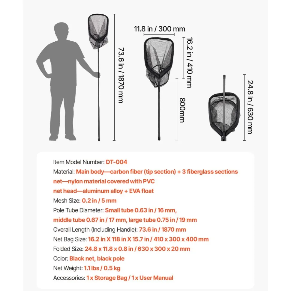 VEVOR Fishing Net, Foldable Landing Nets with Telescopic Handle, Portable Lightweight Carbon Fiber Long Fish Gear, Nylon Covered PVC, Durable and Fish-friendly, for Kayak Boat Bank Pond, Gifts for Men