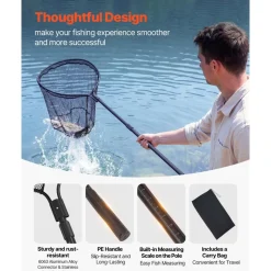 VEVOR Fishing Net, Landing Nets with Telescopic Handle, Portable Lightweight Stronger 6063 Aluminum Fish Gear, Nylon Covered PVC, Durable and Fish-friendly, 26 inch Net Opening for Saltwater Bait Fish