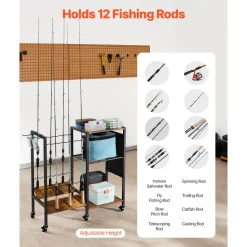 VEVOR Fishing Rod Holder for 12-Rods, Mobile Fishing Pole Rack Cart with Wheels, Fish Gear Equipment Organizer for Garage Home Indoor Use, for Tackle Box Reel Accessories Storage, Gifts for Men