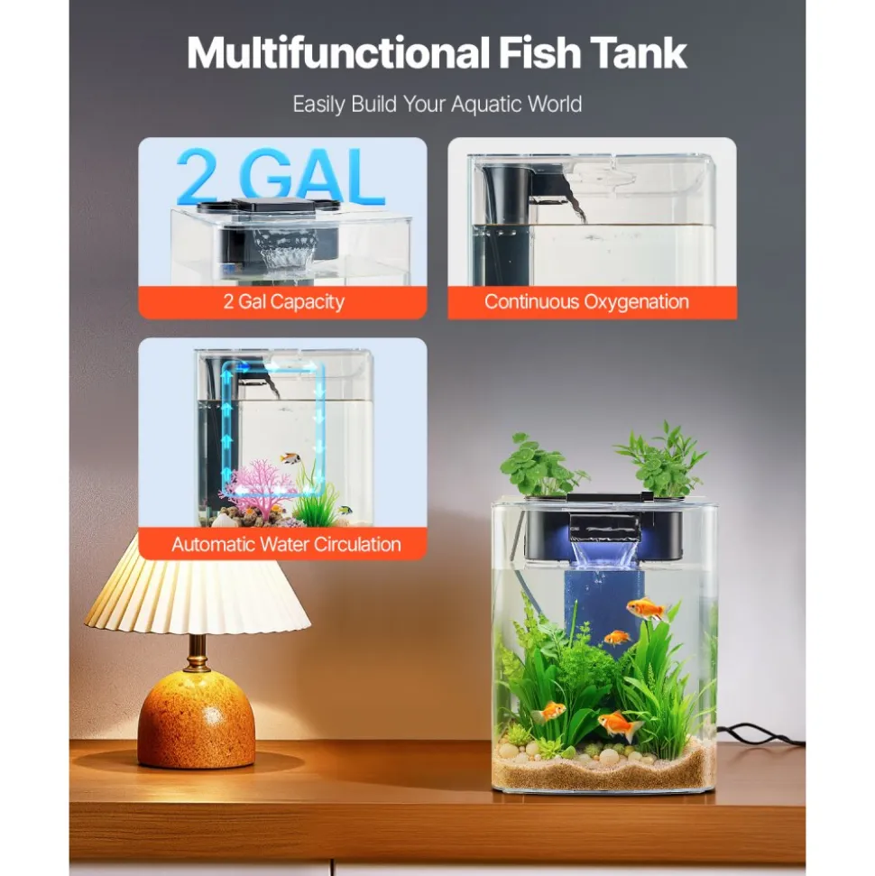 VEVOR Fish Tank Aquarium, 2 Gallon Arch Ultra-Clear GPPS Starter Smart Tank Adjustable 3 Color Lighting, Self Cleaning System Fishbowl for Freshwater & Saltwater Fish Home, Office, or Pet Use
