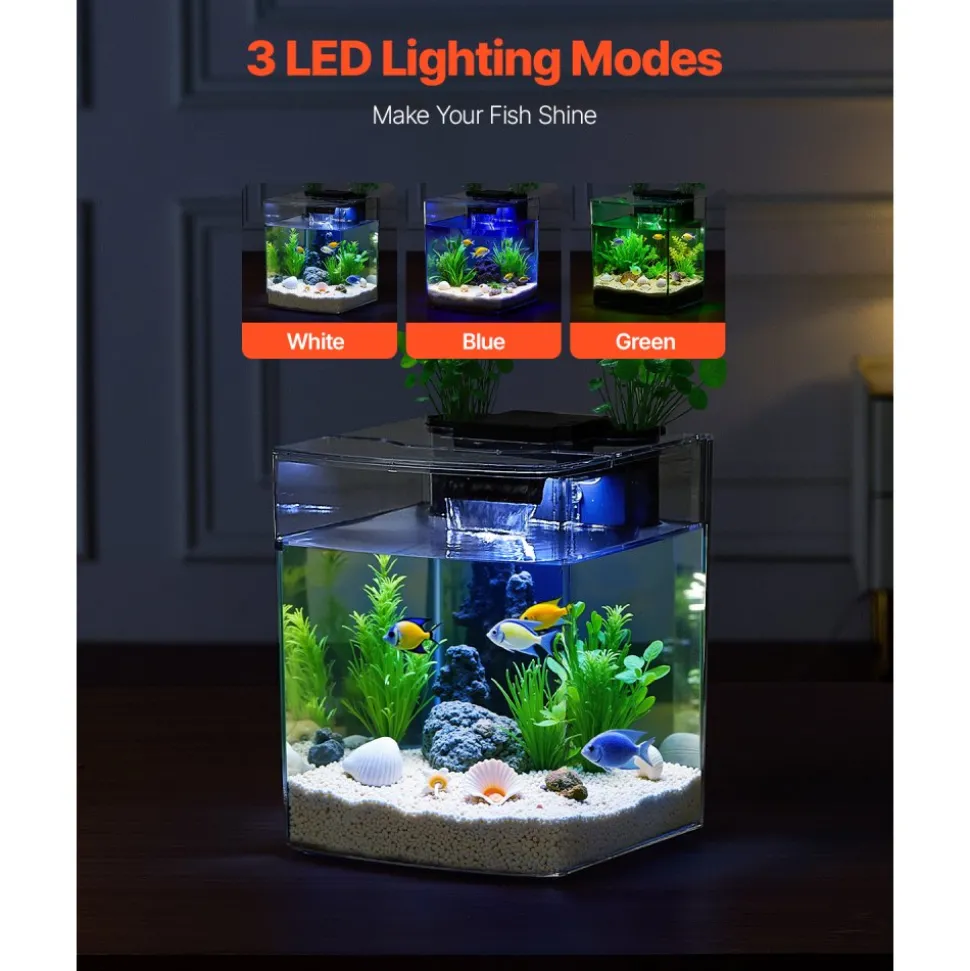 VEVOR Fish Tank Aquarium, 2 Gallon Arch Ultra-Clear GPPS Starter Smart Tank Adjustable 3 Color Lighting, Self Cleaning System Fishbowl for Freshwater & Saltwater Fish Home, Office, or Pet Use