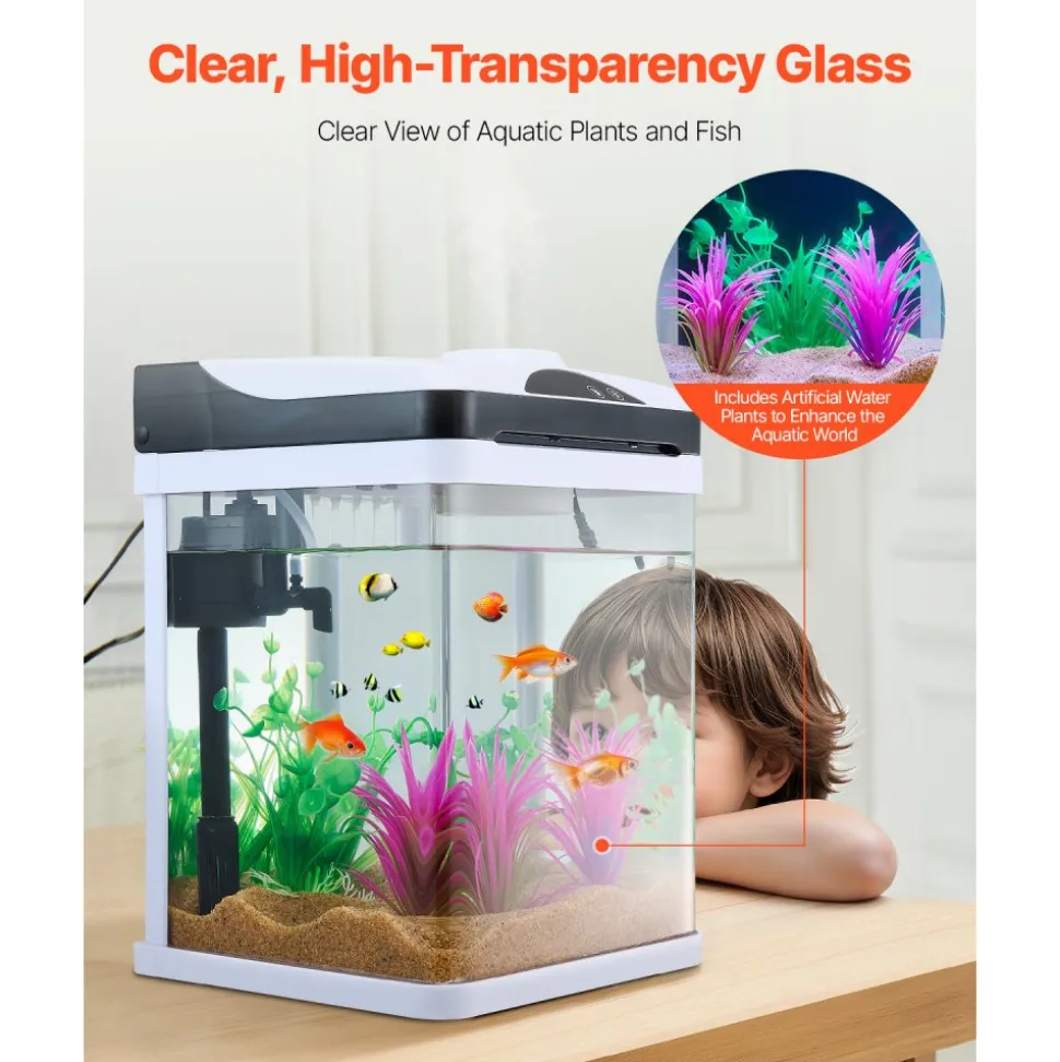 VEVOR Fish Tank Aquarium, 2 Gallon LED Square Ultra-Clear Glass Tank Temperature Monitoring Adjustable 7 Color Lighting, Self Cleaning System Fishbowl for Freshwater & Saltwater Fish Home,Office,Pet