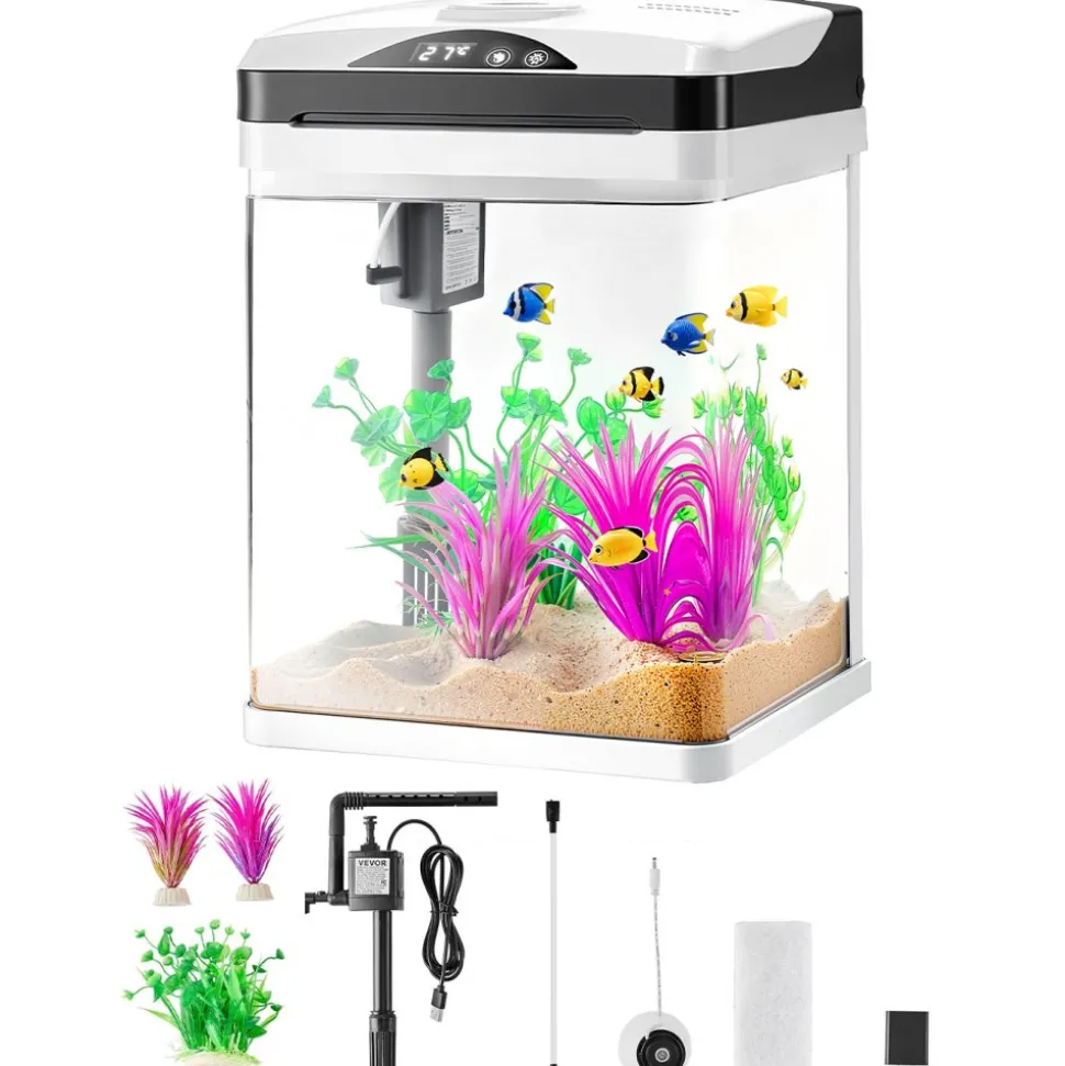 VEVOR Fish Tank Aquarium, 2 Gallon LED Square Ultra-Clear Glass Tank Temperature Monitoring Adjustable 7 Color Lighting, Self Cleaning System Fishbowl for Freshwater & Saltwater Fish Home,Office,Pet