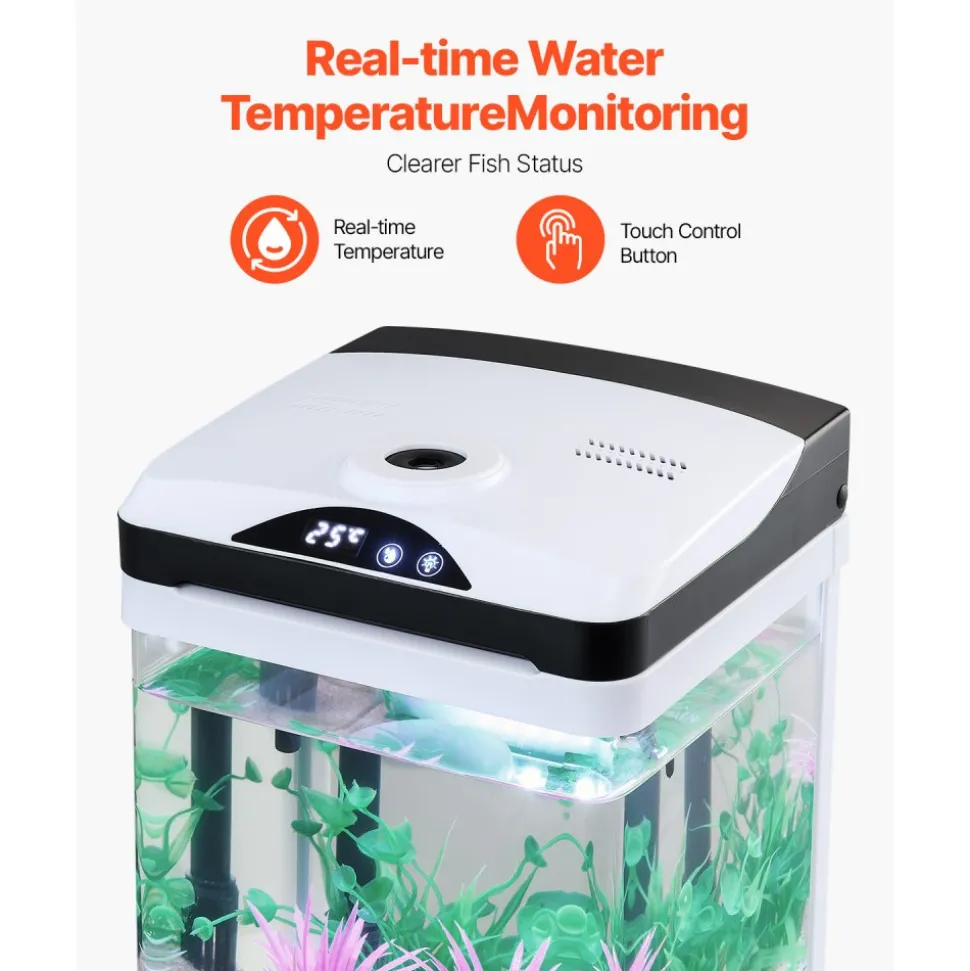 VEVOR Fish Tank Aquarium, 2 Gallon LED Square Ultra-Clear Glass Tank Temperature Monitoring Adjustable 7 Color Lighting, Self Cleaning System Fishbowl for Freshwater & Saltwater Fish Home,Office,Pet