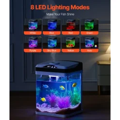 VEVOR Fish Tank Aquarium, 2 Gallon LED Square Ultra-Clear Glass Tank Temperature Monitoring Adjustable 7 Color Lighting, Self Cleaning System Fishbowl for Freshwater & Saltwater Fish Home,Office,Pet