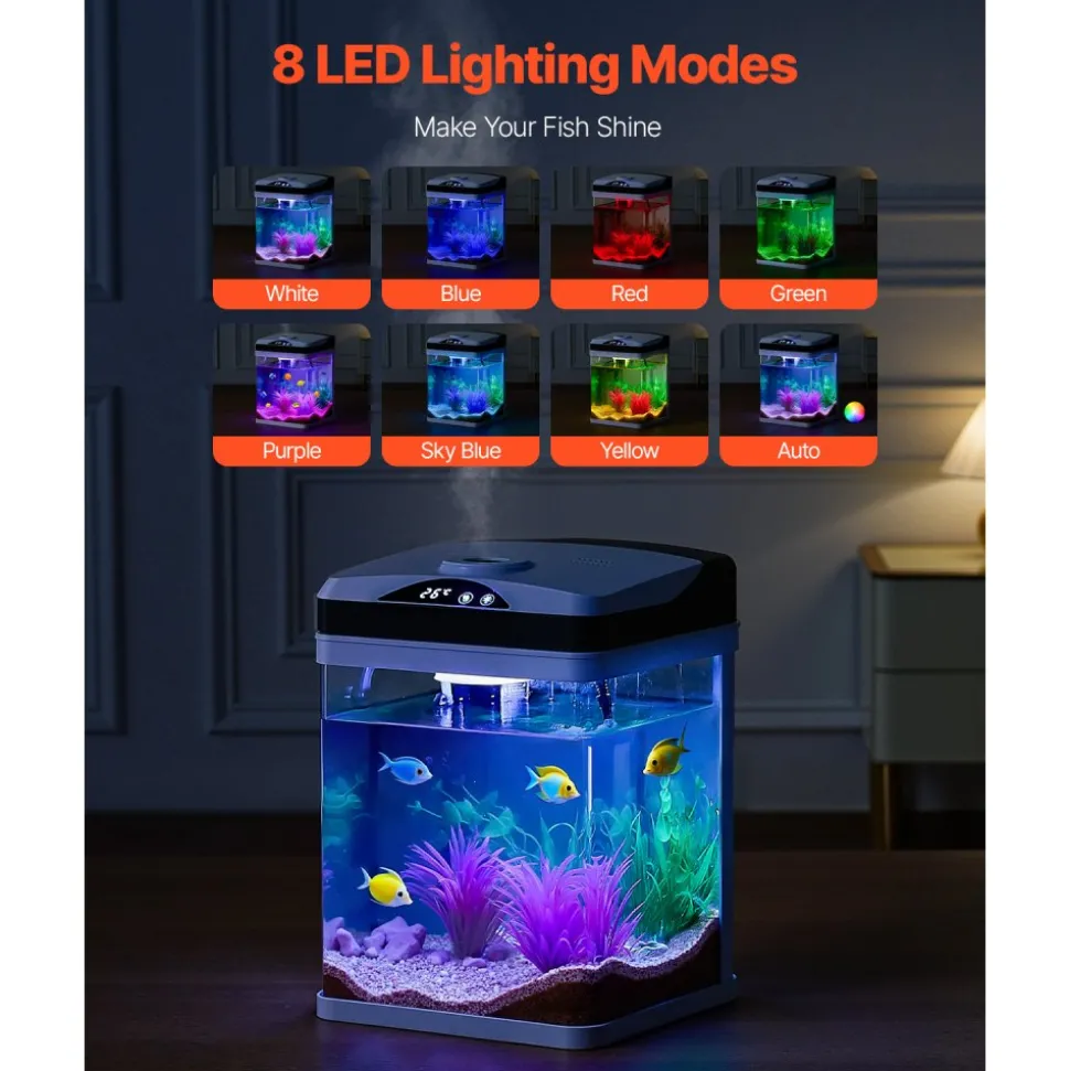 VEVOR Fish Tank Aquarium, 2 Gallon LED Square Ultra-Clear Glass Tank Temperature Monitoring Adjustable 7 Color Lighting, Self Cleaning System Fishbowl for Freshwater & Saltwater Fish Home,Office,Pet