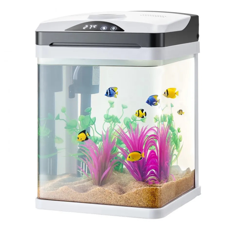VEVOR Fish Tank Aquarium, 2 Gallon LED Square Ultra-Clear Glass Tank Temperature Monitoring Adjustable 7 Color Lighting, Self Cleaning System Fishbowl for Freshwater & Saltwater Fish Home,Office,Pet