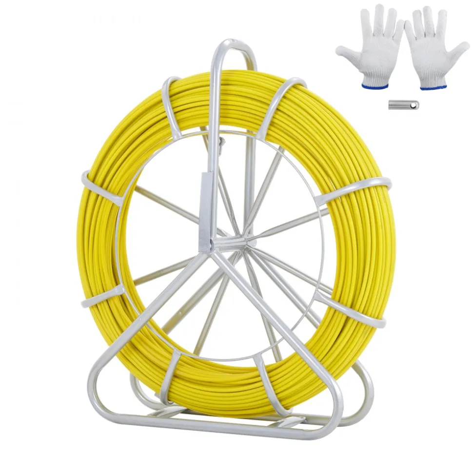 VEVOR Fish Tape Fiberglass, 425 ft, 1/4 inch, Duct Rodder Fishtape Wire Puller, Cable Running Rod with Steel Reel Stand, 3 Pulling Heads, Fishing Tools for Walls and Electrical Conduit, Non-Conductive