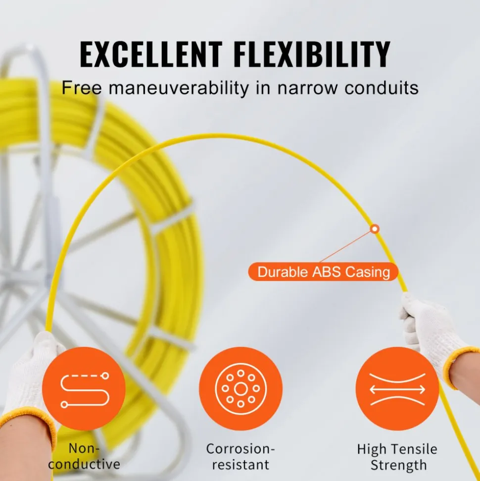 VEVOR Fish Tape Fiberglass, 425 ft, 1/4 inch, Duct Rodder Fishtape Wire Puller, Cable Running Rod with Steel Reel Stand, 3 Pulling Heads, Fishing Tools for Walls and Electrical Conduit, Non-Conductive