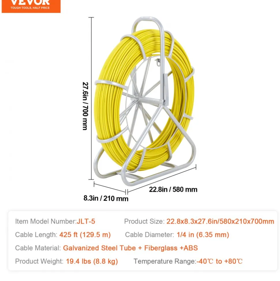 VEVOR Fish Tape Fiberglass, 425 ft, 1/4 inch, Duct Rodder Fishtape Wire Puller, Cable Running Rod with Steel Reel Stand, 3 Pulling Heads, Fishing Tools for Walls and Electrical Conduit, Non-Conductive