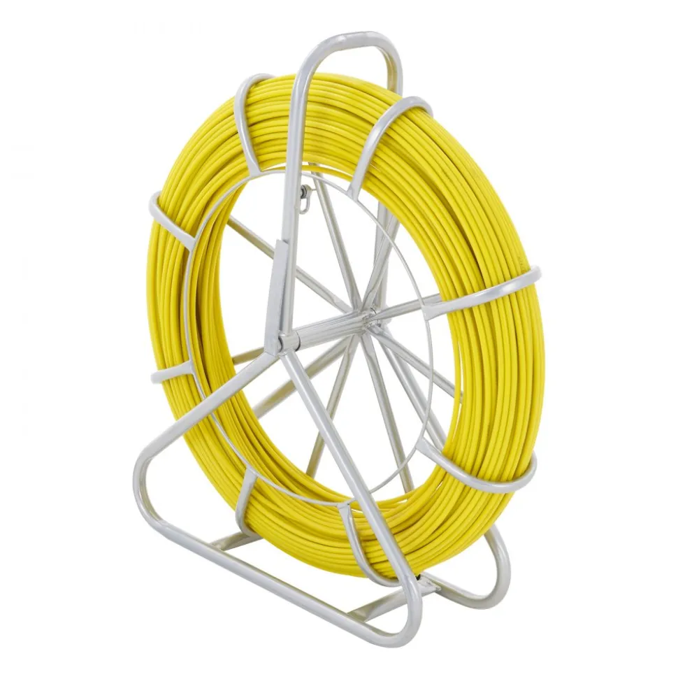 VEVOR Fish Tape Fiberglass, 425 ft, 1/4 inch, Duct Rodder Fishtape Wire Puller, Cable Running Rod with Steel Reel Stand, 3 Pulling Heads, Fishing Tools for Walls and Electrical Conduit, Non-Conductive