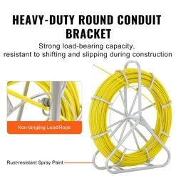 VEVOR Fish Tape Fiberglass, 425 ft, 1/4 inch, Duct Rodder Fishtape Wire Puller, Cable Running Rod with Steel Reel Stand, 3 Pulling Heads, Fishing Tools for Walls and Electrical Conduit, Non-Conductive