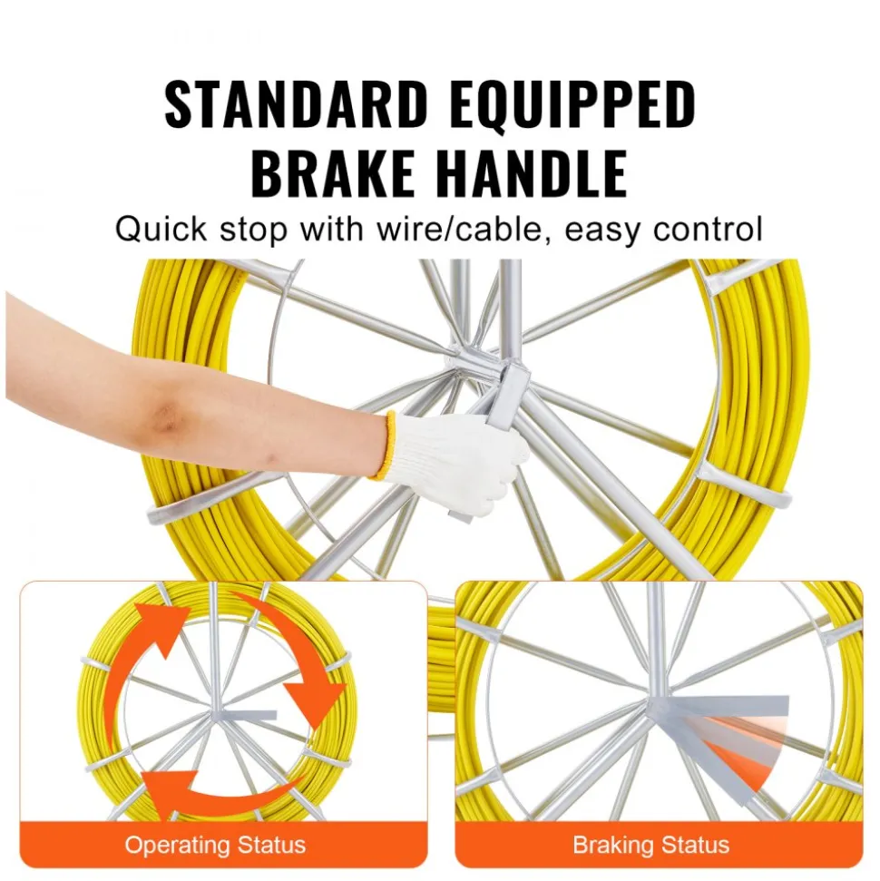 VEVOR Fish Tape Fiberglass, 425 ft, 1/4 inch, Duct Rodder Fishtape Wire Puller, Cable Running Rod with Steel Reel Stand, 3 Pulling Heads, Fishing Tools for Walls and Electrical Conduit, Non-Conductive