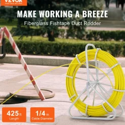 VEVOR Fish Tape Fiberglass, 425 ft, 1/4 inch, Duct Rodder Fishtape Wire Puller, Cable Running Rod with Steel Reel Stand, 3 Pulling Heads, Fishing Tools for Walls and Electrical Conduit, Non-Conductive