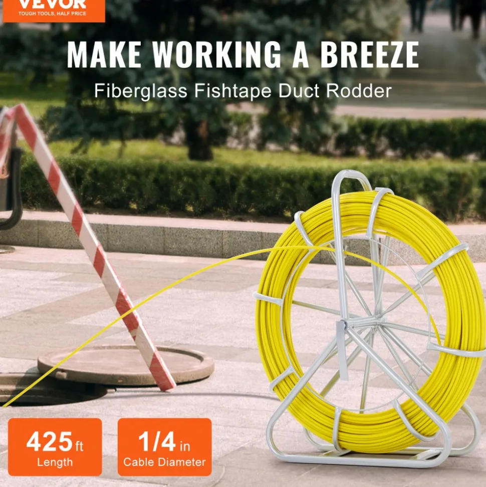 VEVOR Fish Tape Fiberglass, 425 ft, 1/4 inch, Duct Rodder Fishtape Wire Puller, Cable Running Rod with Steel Reel Stand, 3 Pulling Heads, Fishing Tools for Walls and Electrical Conduit, Non-Conductive